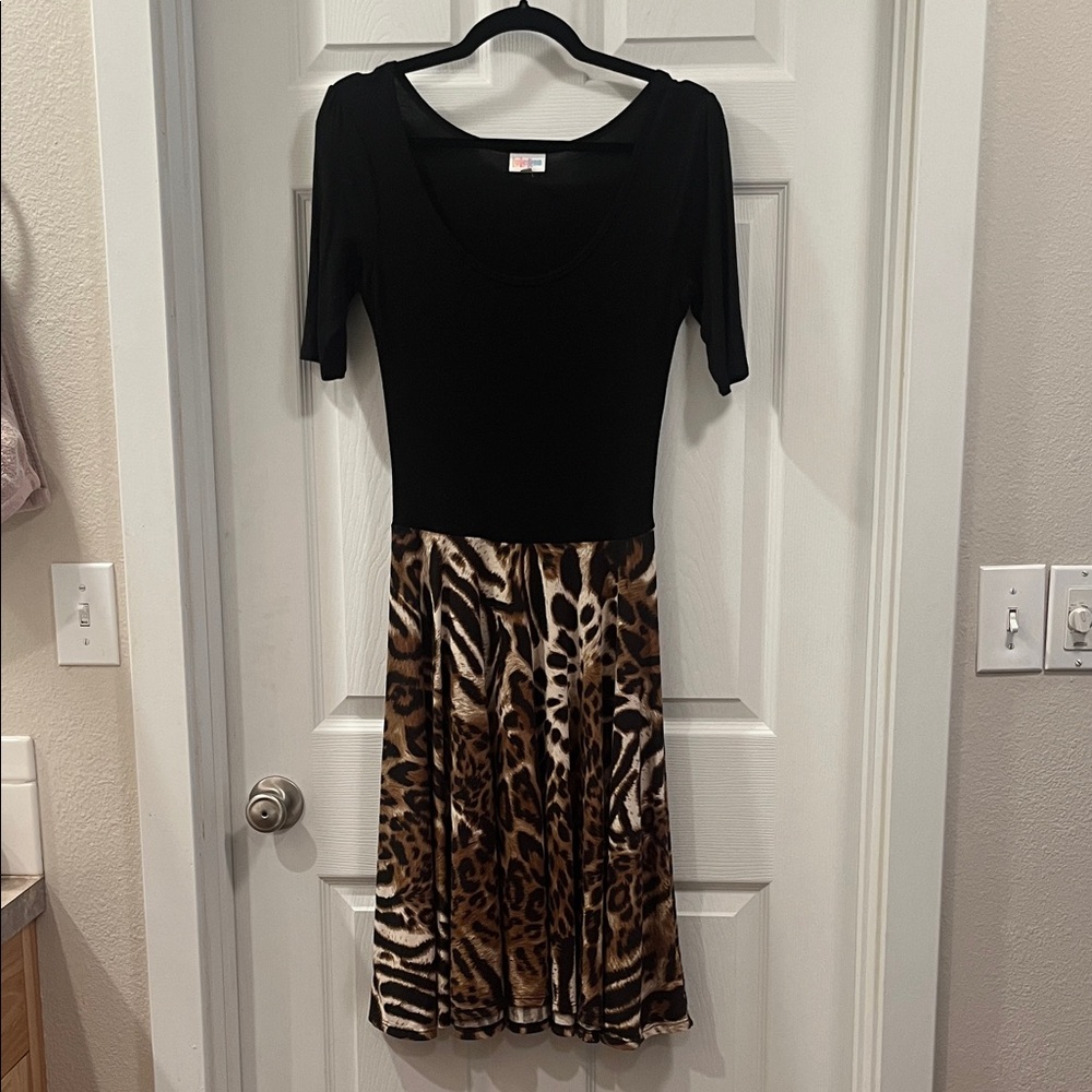 LuLaRoe Black and Leopard Print Midi Dress